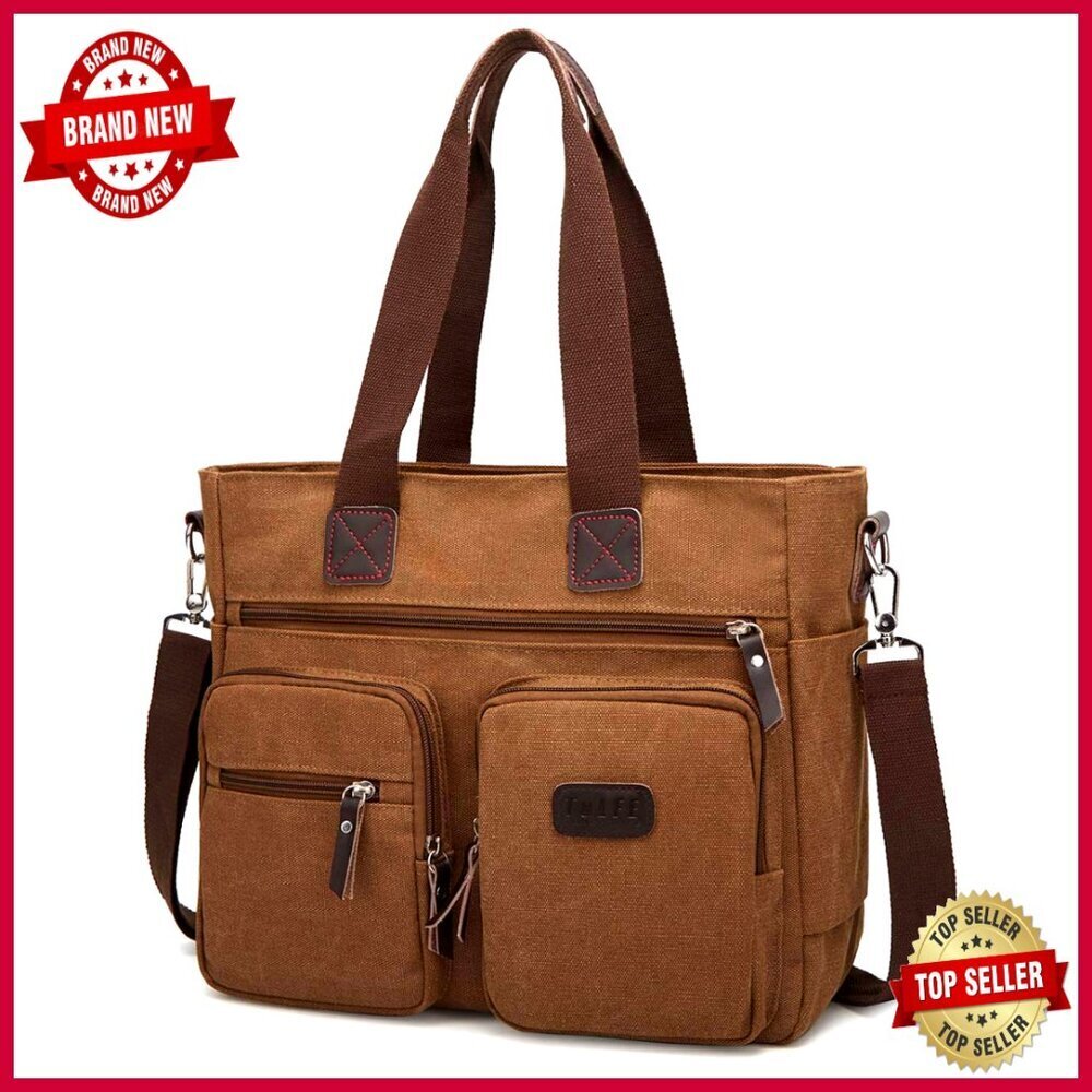 Canvas Satchel Handbag with Adjustable Strap, Multiple Pockets, Work Tote